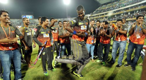 Surisers Hyderabad players celebrate after winning a game