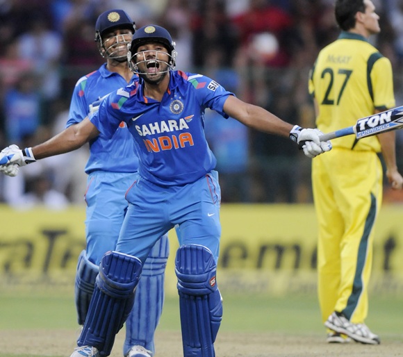 Rohit Sharma celebrates his double ton against Australia