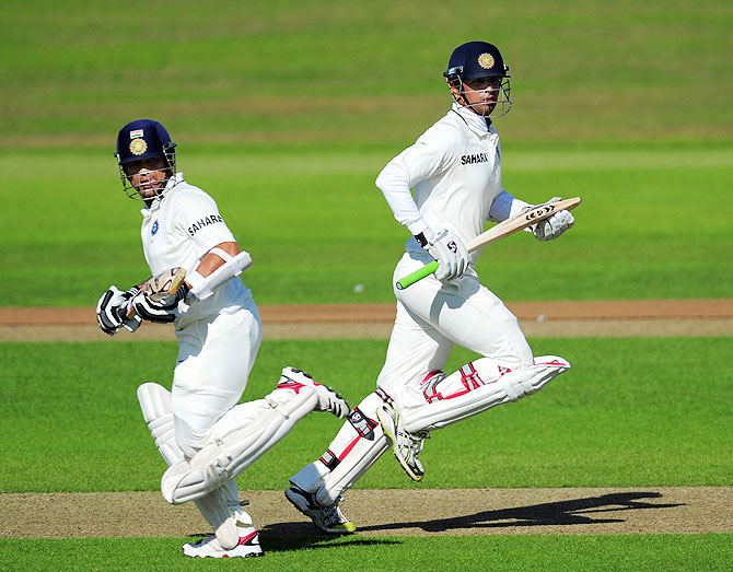India batsman Sachin Tendulkar (left) and Rahul Dravid during day two of the tour match between Somerset and India at the county ground in Taunton on July 16, 2011
