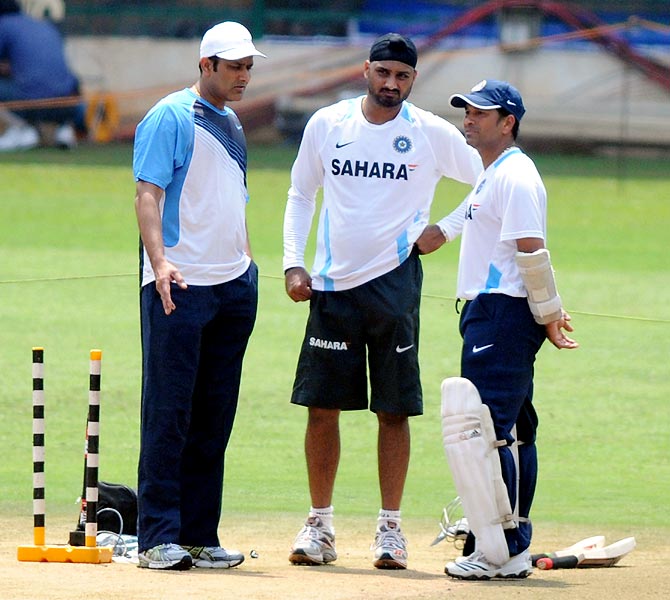 (Left to right): Anil Kumble, Harbhajan Singh and Sachin Tendulkar