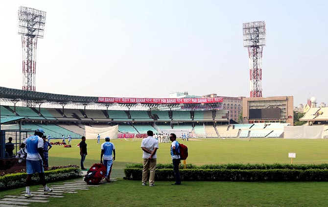 The West Indies team arrive for their nets session at the Eden Gardens in Kolkata