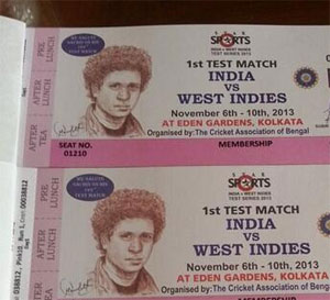 Tickets of the Eden Gardens Test match bearing a picture of Sachin Tendulkar