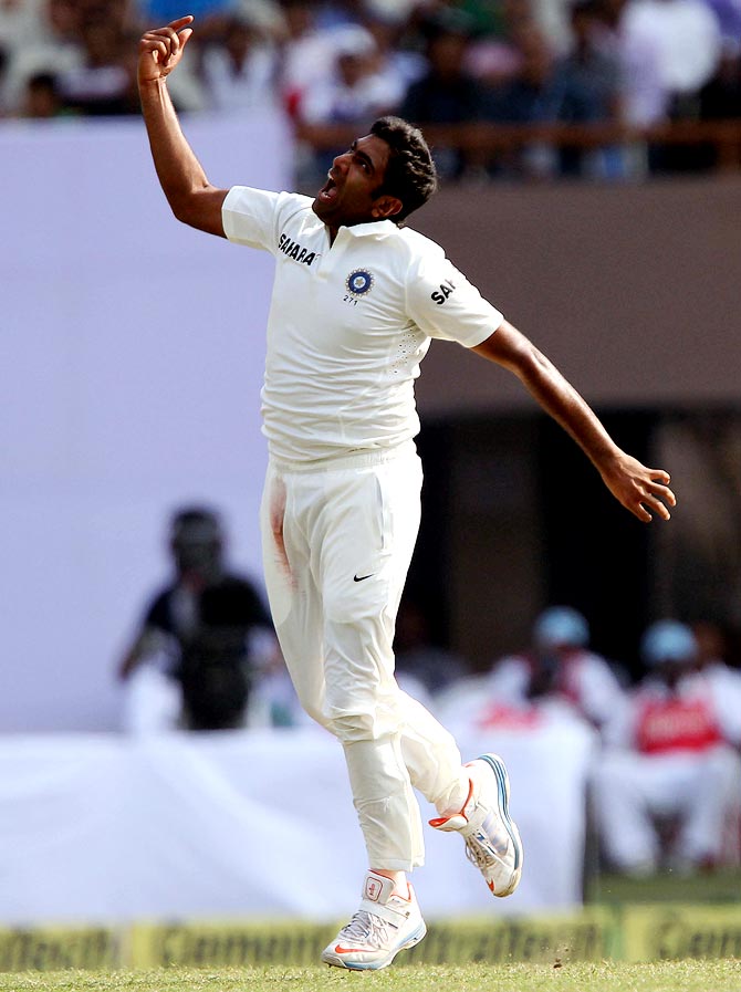 R Ashwin celebrates the wicket of Veerasammy Permaul