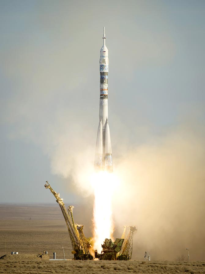 In this handout photo provided by NASA, The Soyuz TMA-11M rocket is launched with Expedition 38 Soyuz Commander Mikhail Tyurin of Roscosmos, Flight Engineer Rick Mastracchio of NASA and Flight Engineer Koichi Wakata of the Japan Aerospace Exploration Agency
