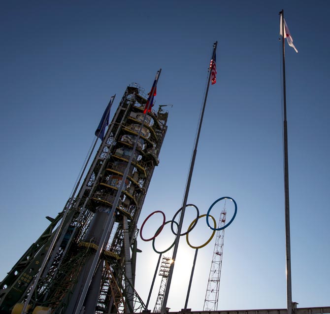 Olympic rings are seen at the Soyuz launch pad shortly after the Soyuz TMA-11M rocket was erected into position at the Baikonur Cosmodrome in Baikonur, Kazakhstan