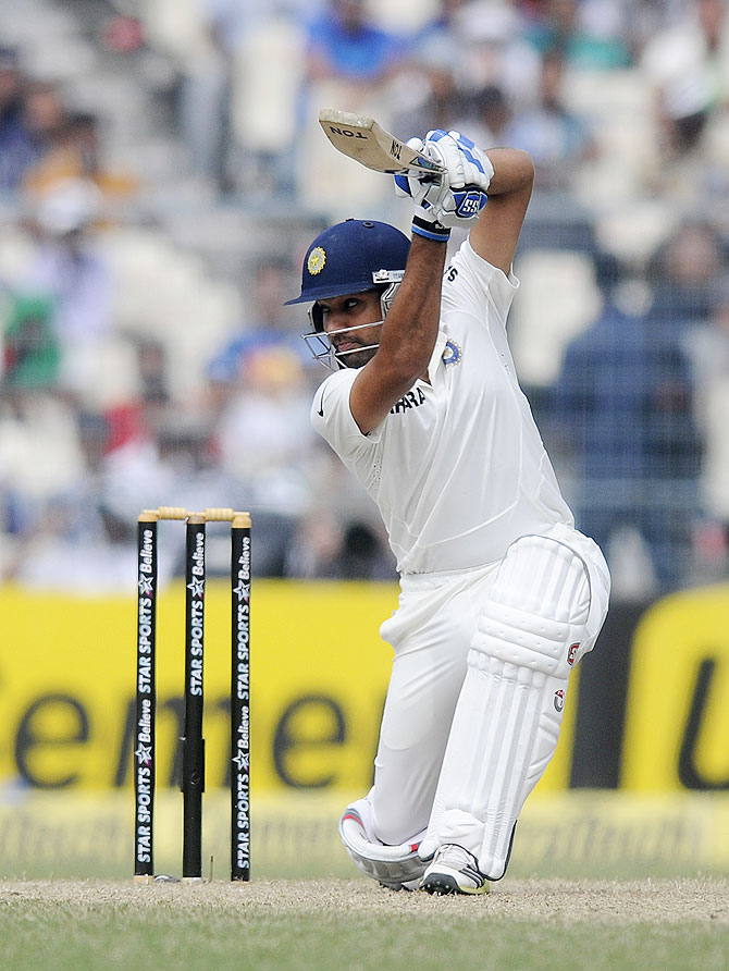 Rohit Sharma plays a shot on Day 2 of the 1st Test against the West Indies at Eden Gardens on Thursday