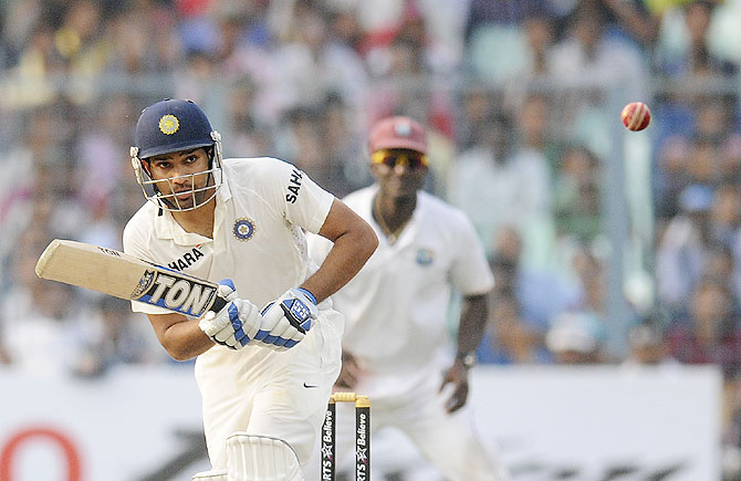 Rohit Sharma scores through the on-side on Day 2 of the 1st Test against West Indies at Eden Gardens on Thursday