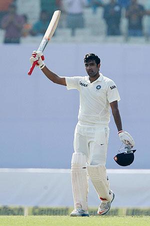 R Ashwin celebrates his century against West Indies on Friday