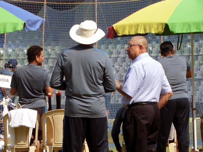 BCCI President N Srinivasan chats with coach Duncan Fletcher during India's nets session at the Wankhede on Wednesday