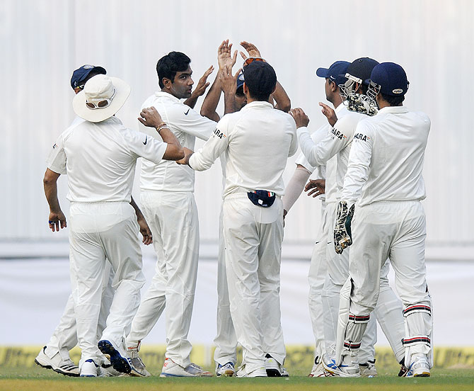 R Ashwin celebrates after dismissing Kieran Powell at the Wankhede on Friday