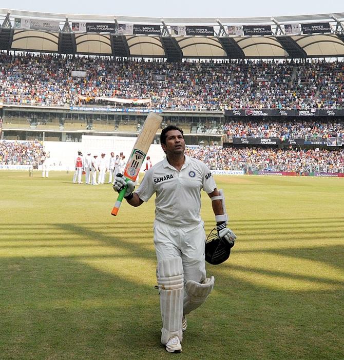 Sachin Tendulkar walks back after his final innings in Test cricket. The Wankhede Stadium, Mumbai, November 15, 2013. Photograph: BCCI