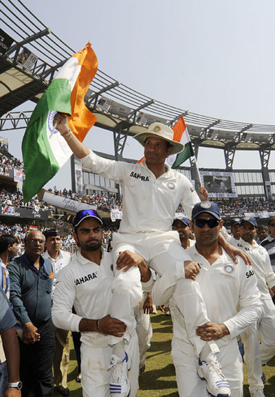Sachin Tendulkar of India bids farewell at the end of his career on day three