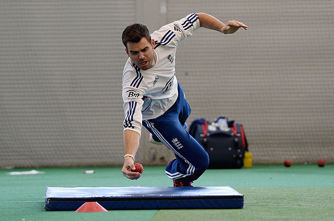 England's James Anderson takes a catch during a nets session at the Sydney Cricket Ground