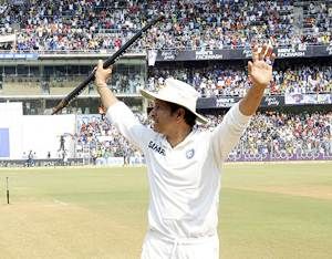Sachin Tendulkar walks back to the pavilion after India beat the West Indies in the second Test at the Wankhede stadium