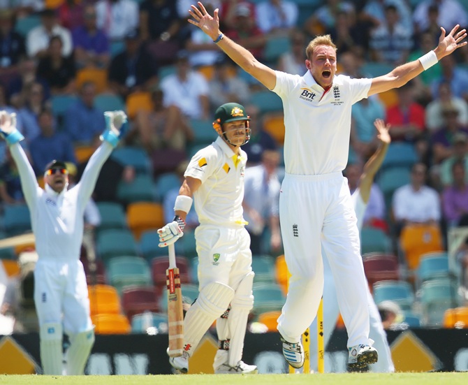 Stuart Broad of England appeals for the wicket of David Warner