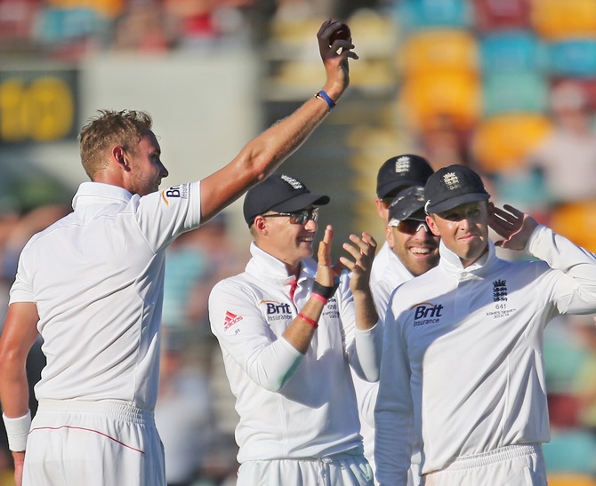 Stuart Broad of England celebrates after taking his fifth wicket