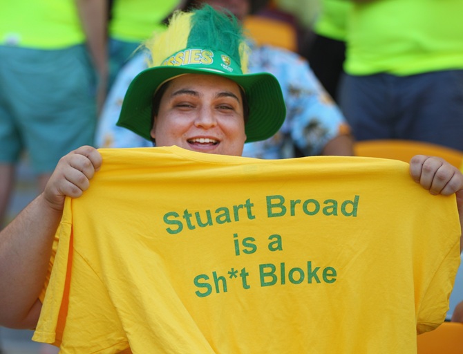 An Australian supporter wearing a Stuart Broad T-shirt