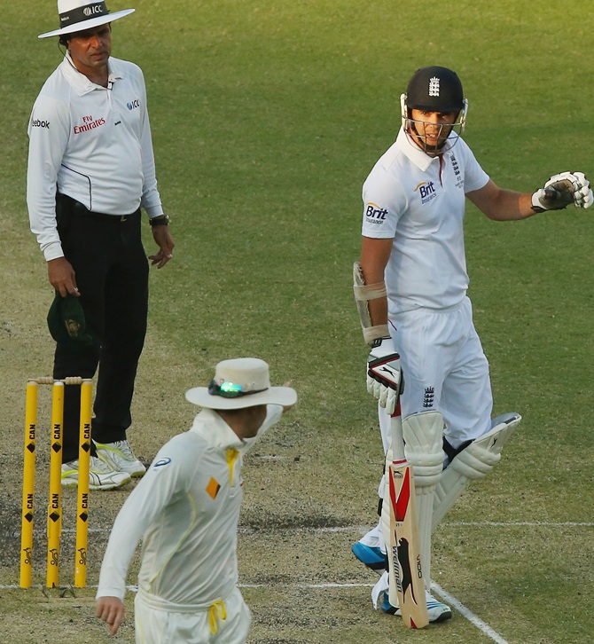 James Anderson and Michael Clarke take part in a furious exchange which involved both the umpires