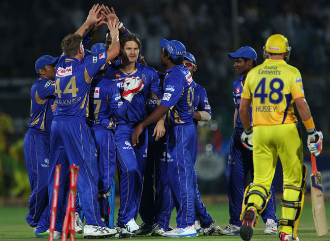 Shane Watson of Rajasthan Royals celebrates the wicket of Michael Hussey of Chennai Super Kings