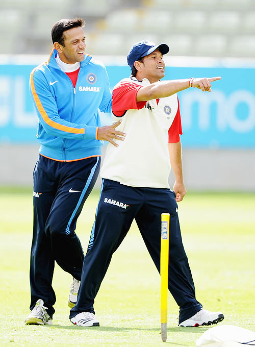 Rahul Dravid and Sachin Tendulkar during a nets session at Edgbaston in Birmingham, England on August 8, 2011