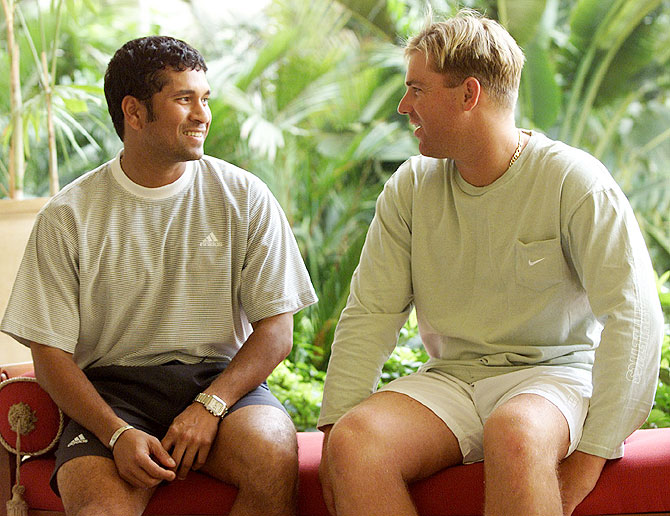 Sachin Tendulkar and Shane Warne at the Taj Mahal Hotel, in Mumbai, in 2001