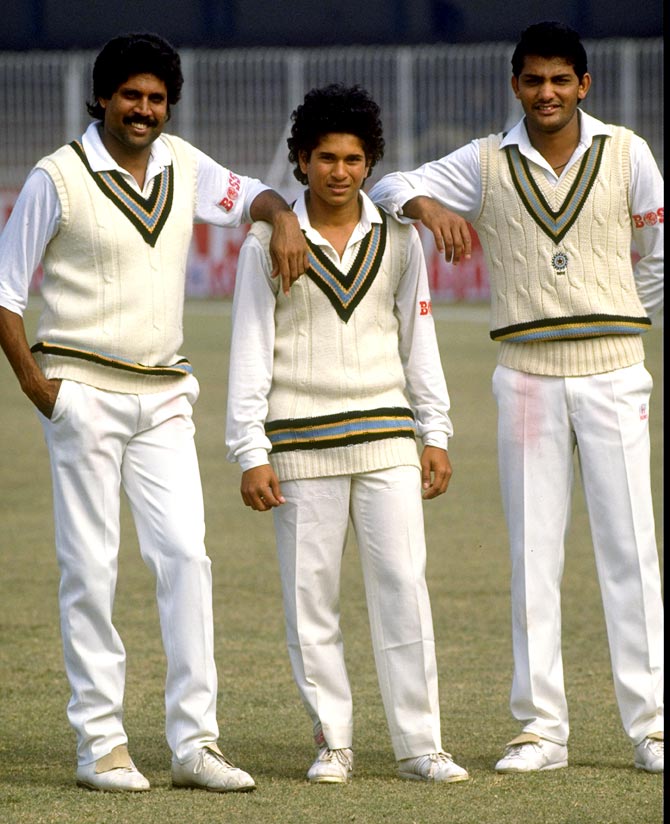 (Left to right): Kapil Dev, Sachin Tendulkar and Mohammed Azharuddin in 1989