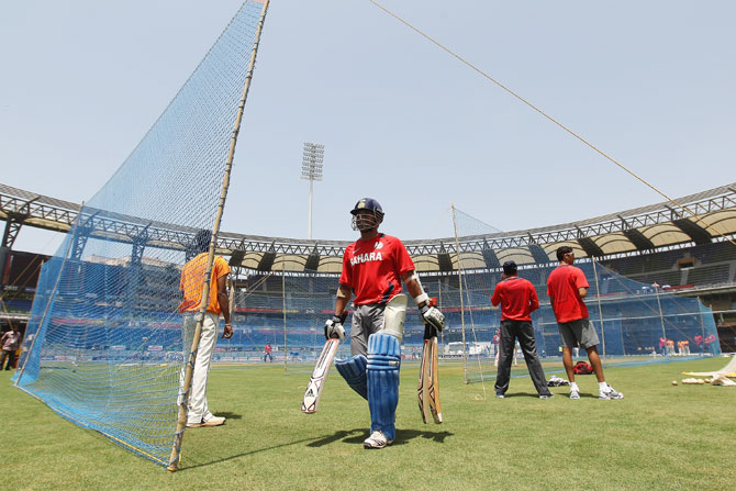 Sachin Tendulkar during the India nets session at the Wankhede Stadium