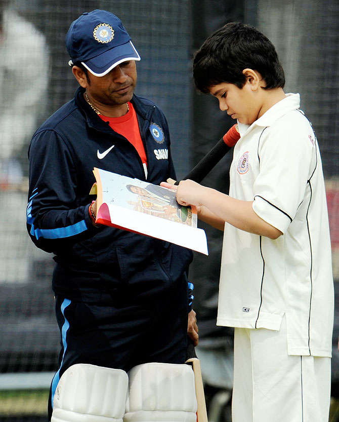 India's Sachin Tendulkar with his son Arjun