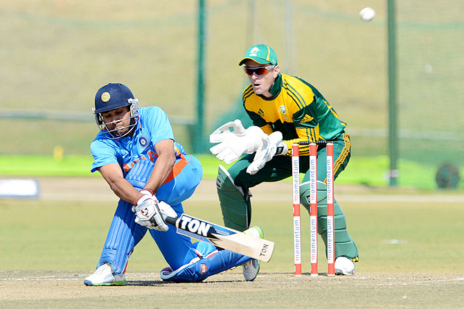 Rohit Sharma of India A sweeps during the 3rd ODI match between South Africa A and India A at Tuks Oval in Pretoria, South Africa on August 9, 2013