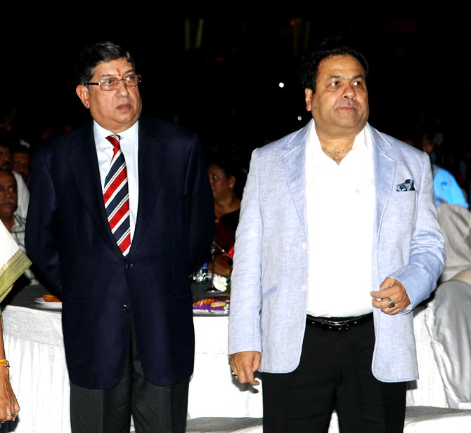 Former BCCI president N Srinivasan (left) with IPL chairman Rajeev Shukla