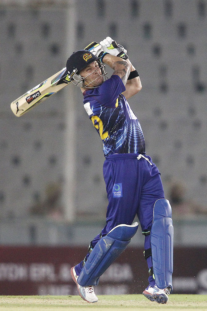 Otago Volts captain Brendon McCullum hits a six against Faisalabad Wolves in Mohali on Tuesday