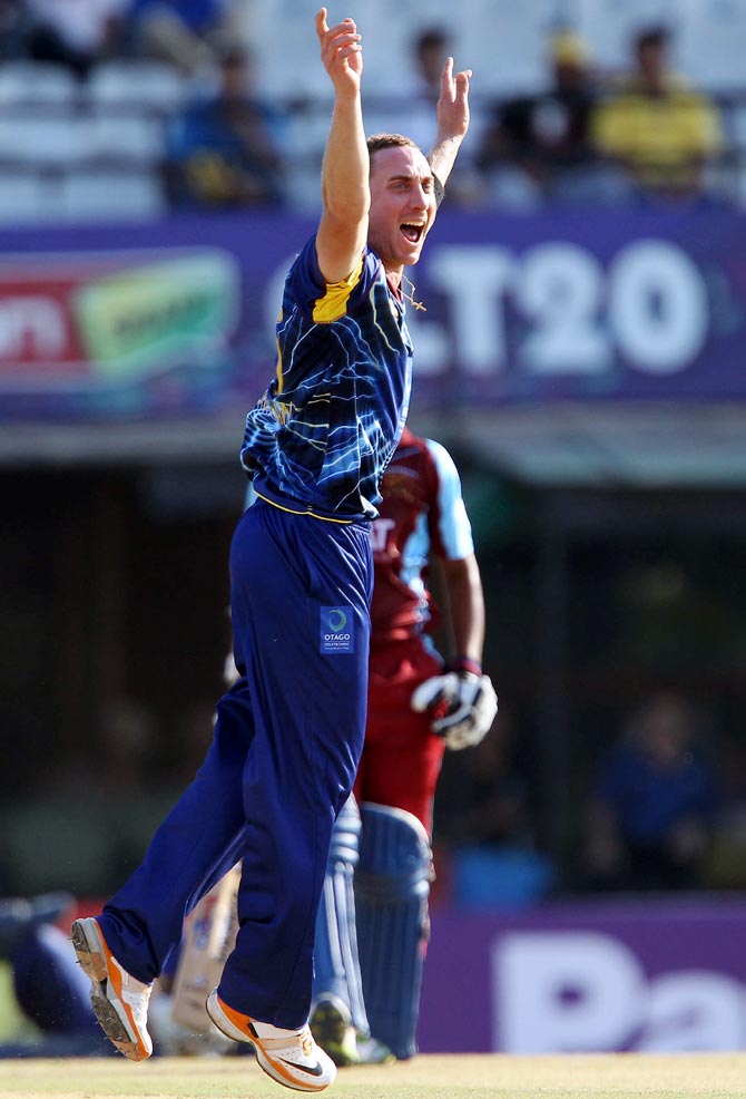 James McMillan celebrates after taking the wicket of Shehan Jayasuriya