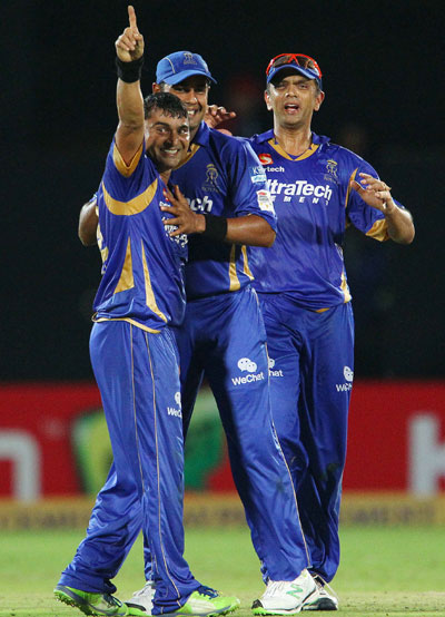 Pravin Tambe of Rajasthan Royals celebrates a wicket