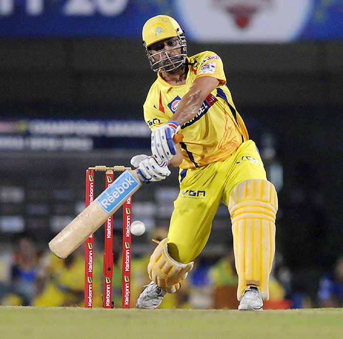 MS Dhoni hits a shot against Hyderabad on Thursday
