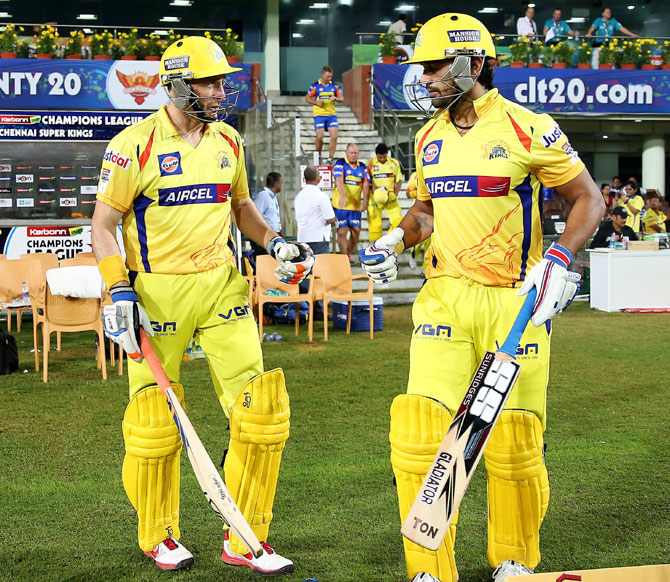 Opening batsmen of Chennai Super Kings Michael Hussey and Murali Vijay