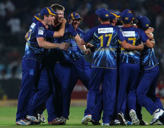 Otago Volts players celebrate after winning the match