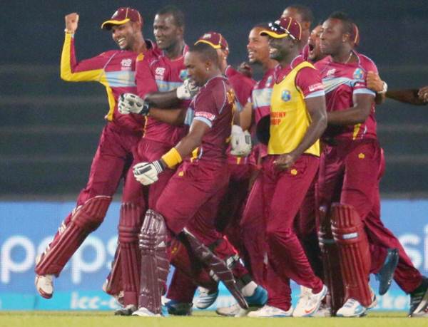 The West Indies players celebrate after their victory over Pakistan in the World T20