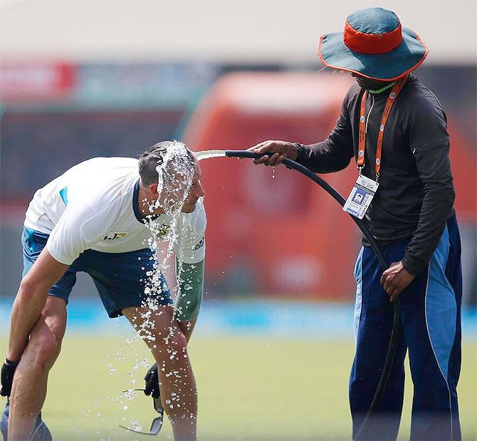 South African pacer Dale Steyn cools down during a training session on Wednesday