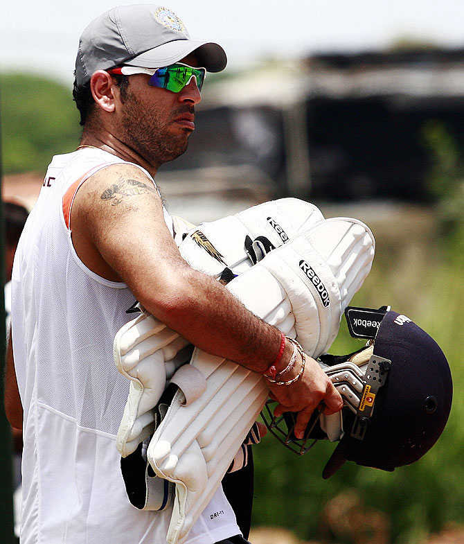 India's Yuvraj Singh leaves after a practice session 