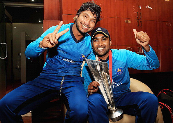 Kumar Sangakkara and Mahela Jayawardene after the World T20 triumph on Sunday.
