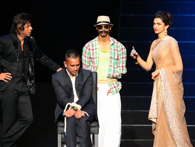 Shah Rukh Khan (left), Mahendra Singh Dhoni (centre) and Deepika Padukone