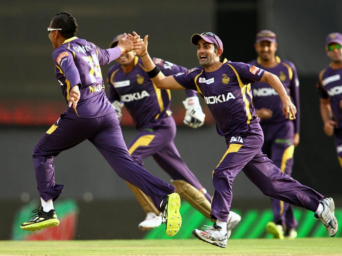 Sunil Narine celebrates after picking up a wicket 