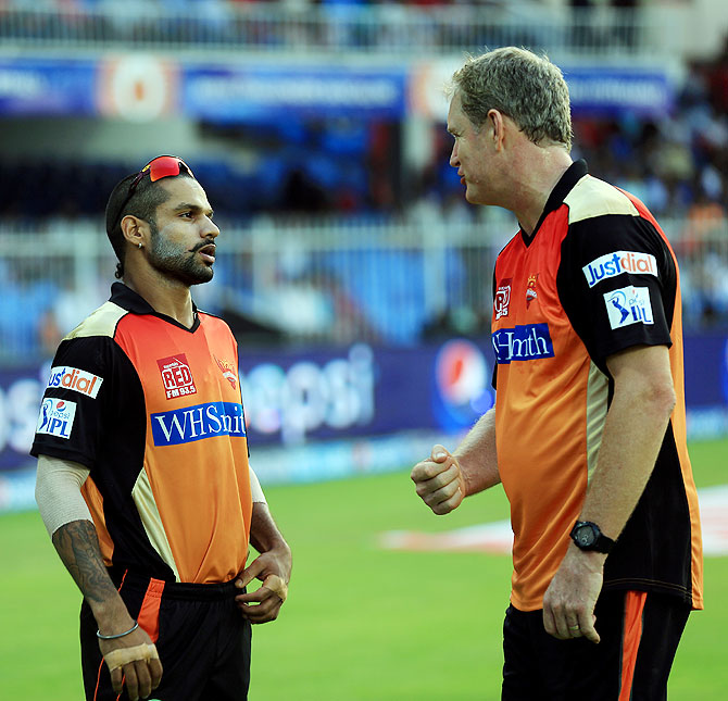 Shikhar Dhawan captain of the Sunrisers Hyderabad with coach Tom Moody 