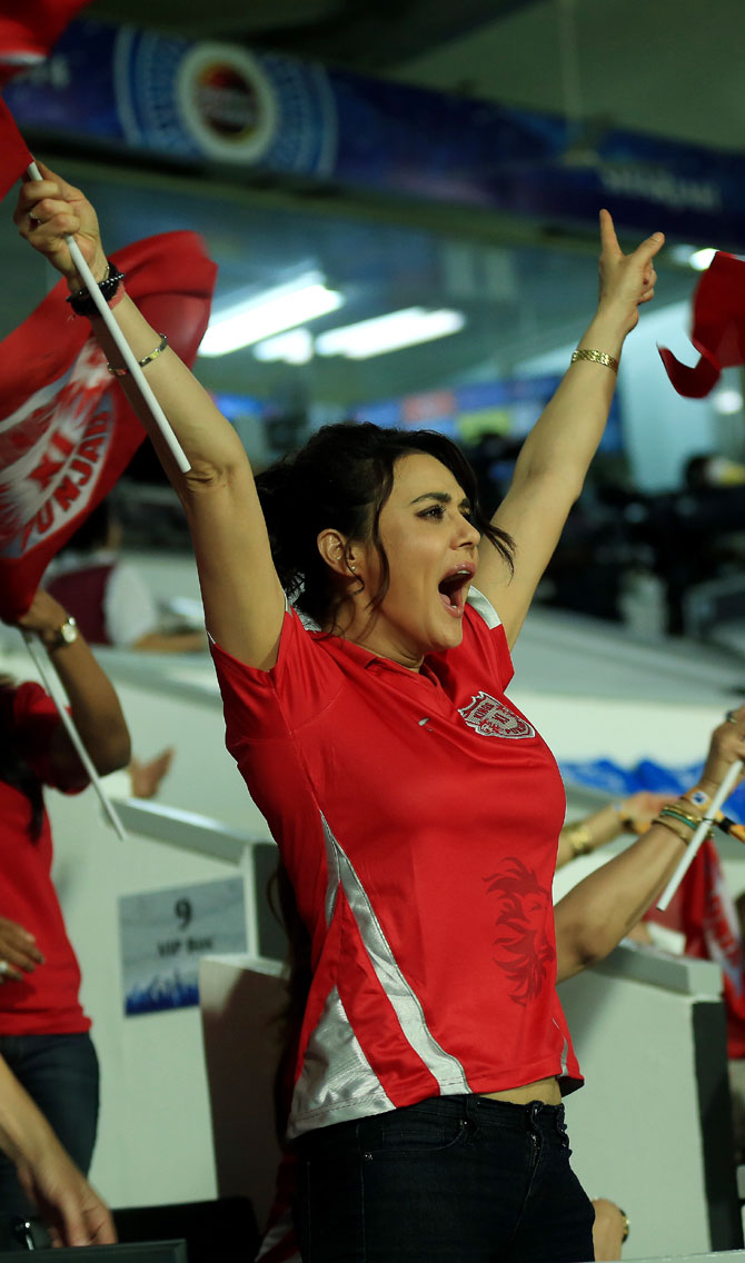Kings XI Punjab's co-owner Preity Zinta cheers her team on in Sharjah on Tuesday