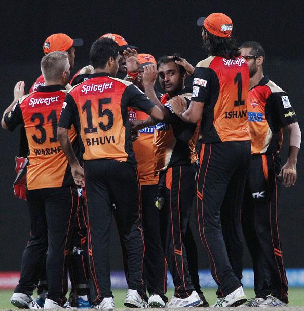 Sunrisers Hyderabad players celebrate a wicket