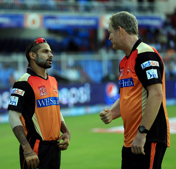 Sunrisers Hyderabad captain Shikhar Dhawan in a discussion with coach Tom Moody