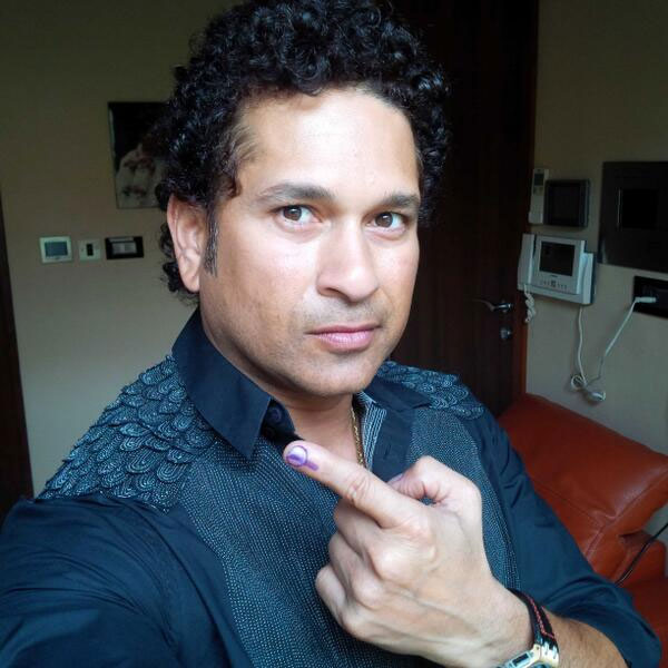 Sachin Tendulkar takes a picture of himself after casting his vote in Mumbai on Thursday