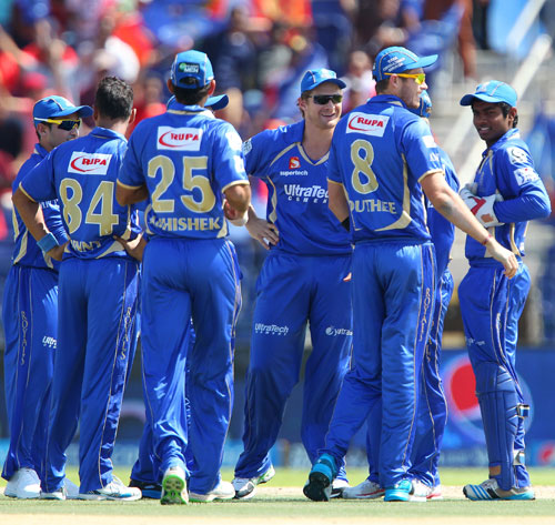 Rajasthan Royals players celebrate the fall of a Bangalore wicket