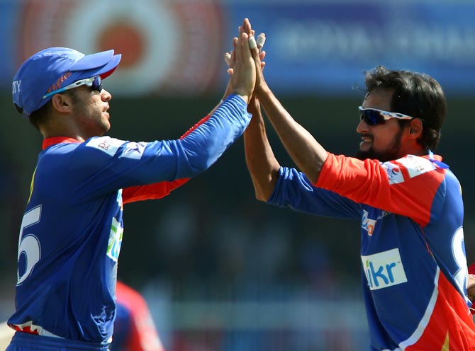 Shahbaz Nadeem (right) celebrates with JP Duminy after taking the wicket of Ambati Rayudu
