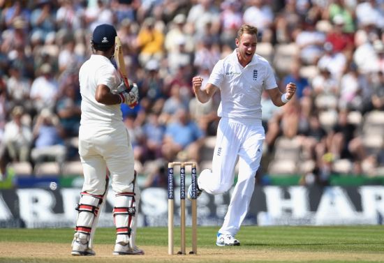 England bowler Stuart Broad celebrates after having India batsman Cheteshwar Pujara caught by Jos Buttler to claim his 250th Test wicket